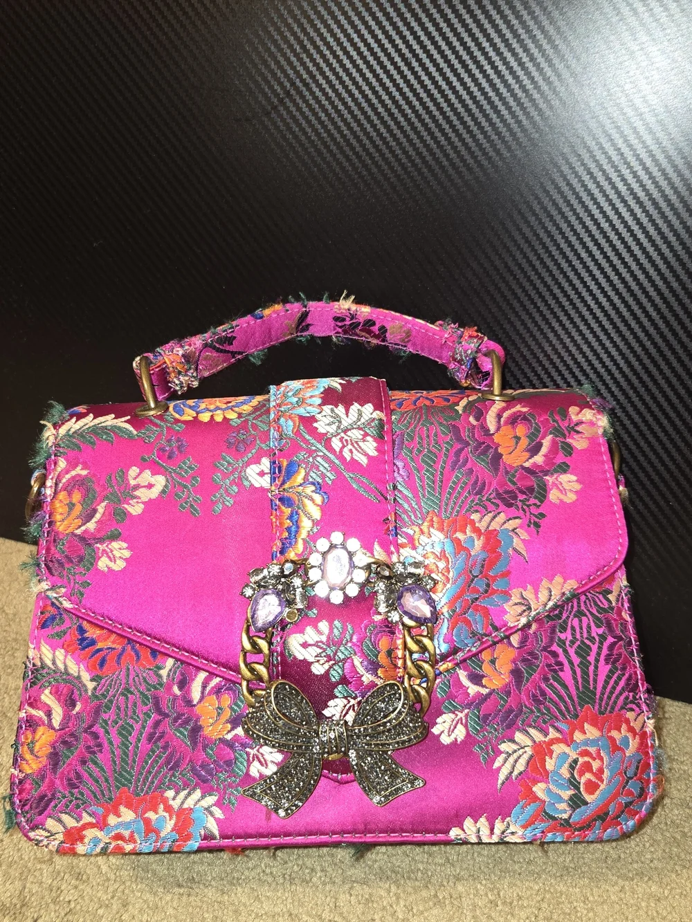 Aldo Hot Pink Floral Satin Top-Handle Satchel with Jeweled Bow Accent